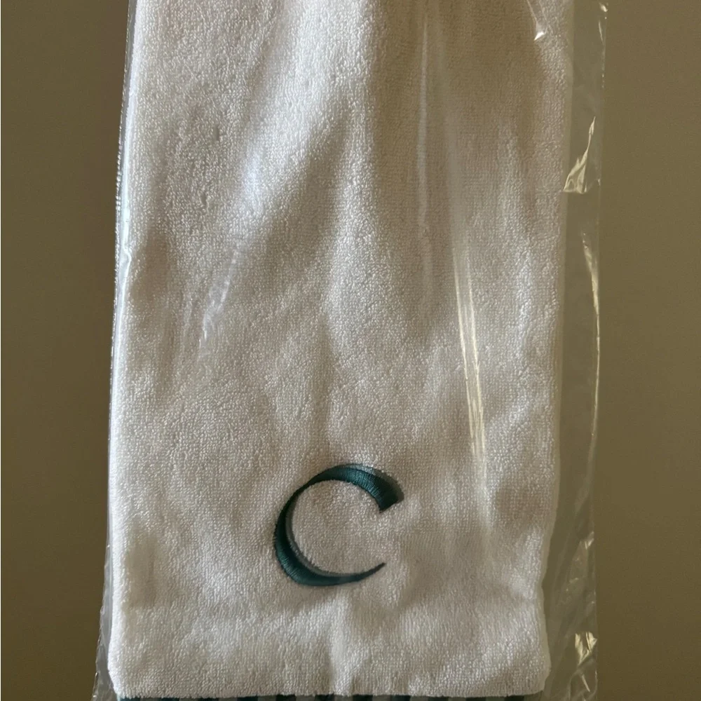 Anthropologie Monogrammed Embroidered Green and White‎ Towel